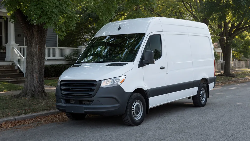 White delivery van parked on a residential street