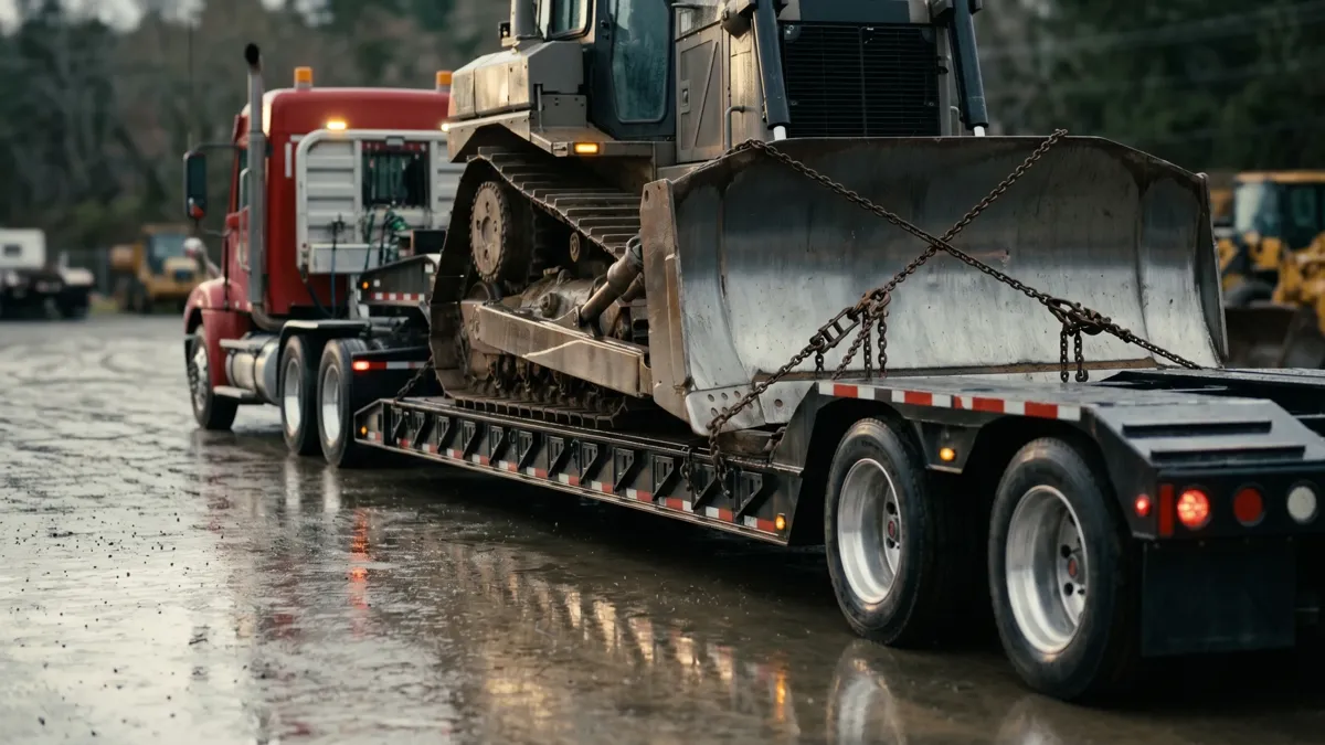 Lowboy trailer hauling a bulldozer