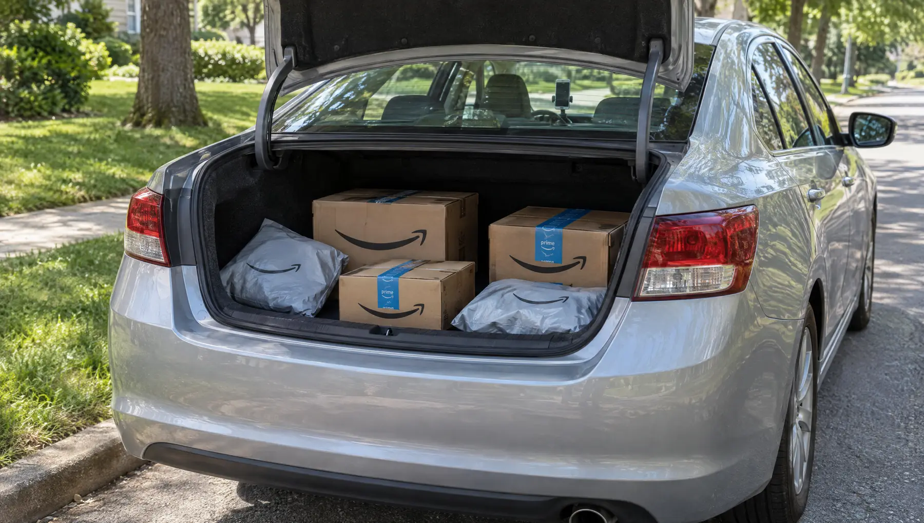 Amazon packages and mailers in the open trunk of a silver sedan parked on a residential street